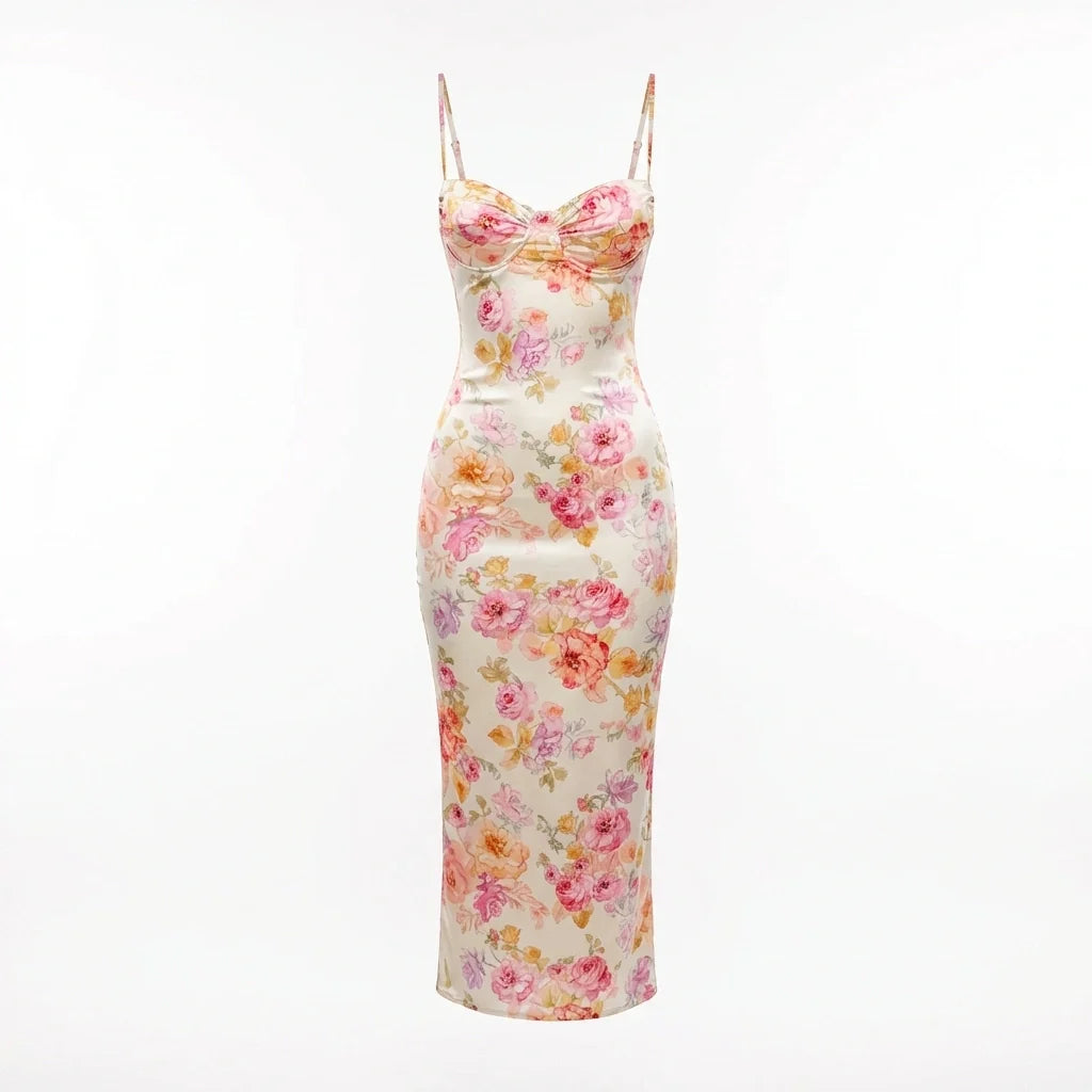 Roselle Floral Satin Slip Dress with Corset-Style Bust